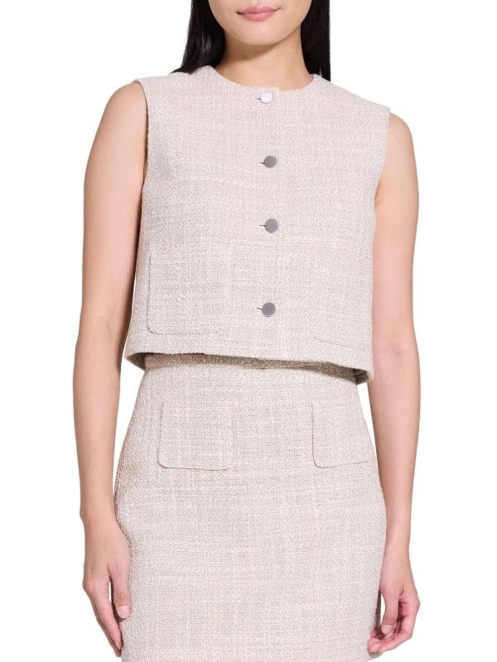 Theory Women's Patch Pocket Tweed Cropped Vest Taupe Multi Size 8 NWT Luxury